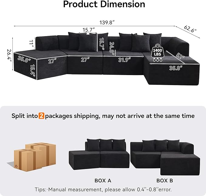 140''Oversized Cloud Velvet Curved Sectional Couch, Boneless Couch with L-Shape Chaise, Upholstered Compression Memory Foam Modular Sectional Sofa for Living Room, No Assembly Required, Black