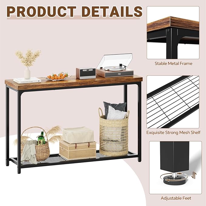 Console Table for Entryway, Narrow Entryway Table with Storage, Sofa Table with Mesh Shelves, Console Tables for Living Room, Bedroom, Hallway, Foyer (2 Tier, Rustic Brown, 47 inch)