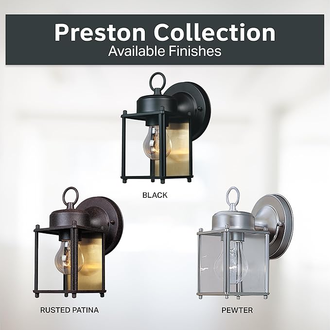DESIGNERS FOUNTAIN Preston Outdoor Light Fixture, 8 Inch, Exterior Wall Mount Lantern Sconce, Clear Glass Porch Lights for Front Door, Patio, and House Garage, Pewter, 1161-PW (Pack of 6)