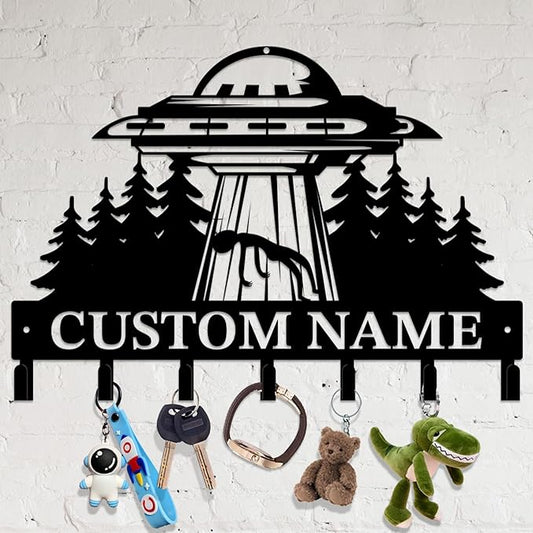 Personalized Custom Alien ET UFO Metal Wall Keys Hooks,Clothes Hooks Alien ET Art coat racks,door holder,Black Alien ET decorations for home,Entrance doors,Hallway, Bedroom,Keys,Hats (Style H)