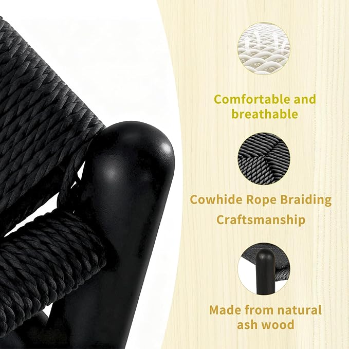 Wishbone Chair Natural Solid Wood Dining Chair/Hans Vegner Y Chair Rattan and Wood Accent Armrest Chairs Set of 2 (Ash Wood - Black)