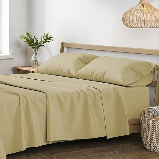 XOOX Linen 100% Egyptian Cotton Sheets King Size - 1200 Thread Count King Size Sheets Set Egyptian Cotton, 4 PC Luxury Bedsheet (Beige), Soft, Cooling, 17" Deep Pocket Sateen Weave Bedsheet Set