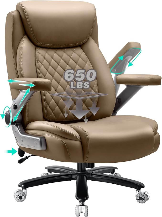 650LBS Big and Tall Office Chair with 5D Flip Arms and Thick Pocket Spring Cushion, Extra Wide Heavy Duty Office Chair with Adjustable Lumbar Support, Large High Back Computer Chair Dual Rubber Wheel