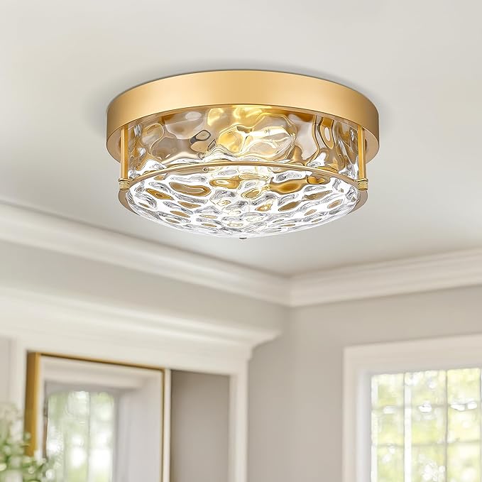 12" Flush Mount Ceiling Light, Farmhouse Style, Hammered Glass,Brass Gold, for Living Room, Bedroom, Dining – CKCL4822-2W-HGBB