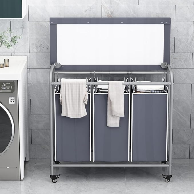 LINZINAR 3 Bag Laundry Basket Sorter Heavy Duty Rolling Lockable Wheels Laundry Hamper Cart with Ironing Board and Removable Bags, Grey