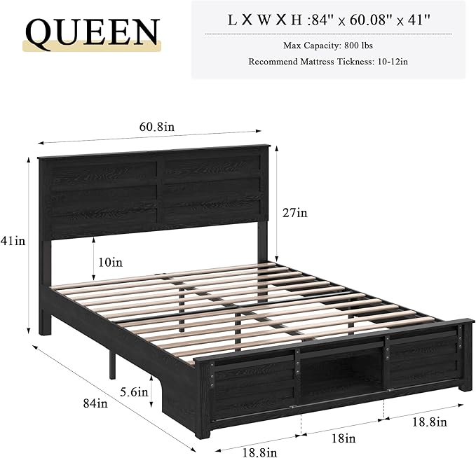 Wooden Bed Frame Queen Size with Headboard & Sliding Barn Door Storage Footboard, Farmhouse Platform Bedframe with Charging Station, No Box Spring Needed (Black, Queen)