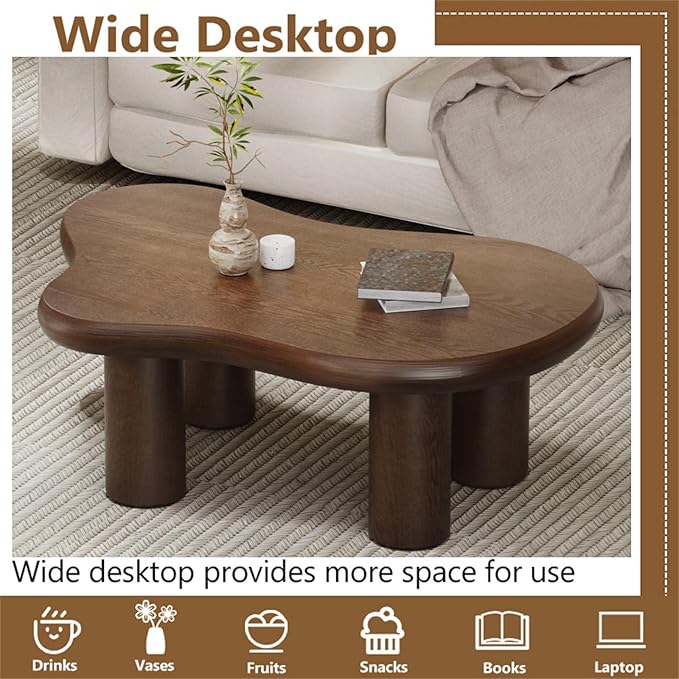Cloud Coffee Table Modern Cute Coffee Tables Irregular Simple Tea/Center Table for Small Space End Table for Living Room, Home Office, Indoor (Brown 46" W X 31" D X 15.3" H)