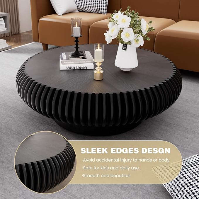 Fluted Round Coffee Table for Living Room 39.37" Modern Drum Coffee Table Mid Century Handcrafted Circle Wood Center Tables with Pedestal for Small Space Apartment (Black Large)