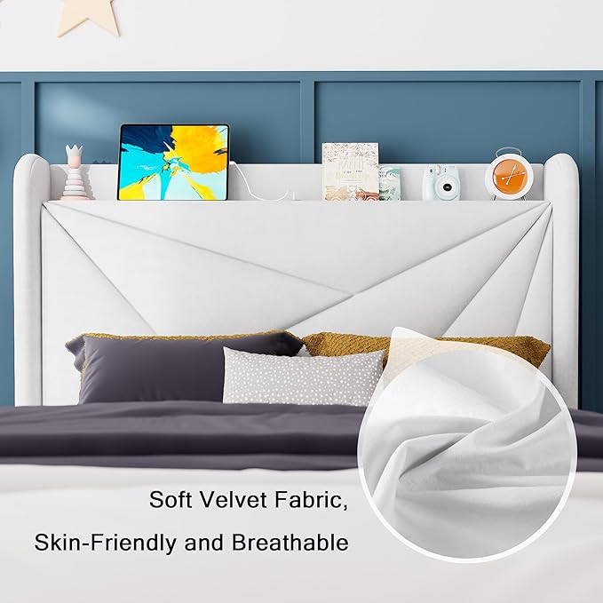 Feonase Twin Size Bed Frame with Charging Station, Upholstered Linen Bedframe with Wingback Headboard, Solid Wood Slats Support, No Box Spring Needed, Noise Free, White