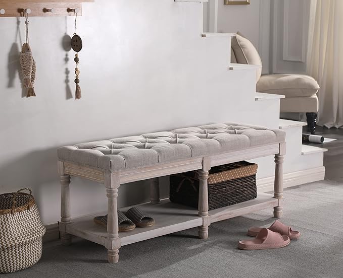 Kmax Storage Entryway Bench Tufted Shoe Rack Bench Wood Window Bench for Hallway Entrance Bedroom Corner, Beige