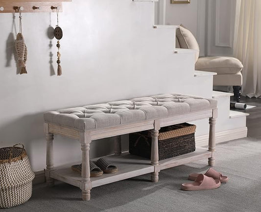 Kmax Storage Entryway Bench Tufted Shoe Rack Bench Wood Window Bench for Hallway Entrance Bedroom Corner, Beige