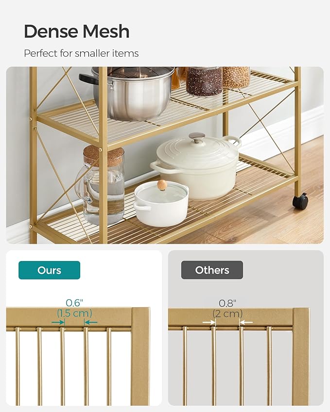 SONGMICS 3-Tier Metal Storage Rack with Wheels, Mesh Shelving Unit with X Side Frames, 31.5-Inch Width, for Entryway, Kitchen, Living Room, Bathroom, Industrial Style, Metallic Gold UBSC183A01