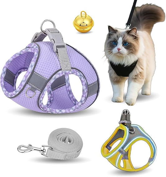 Stimulicat Cat Harness, Stimuli Cat Harness Design for Outdoor Cats, Adjustable Soft Mesh Vest Harness Escape Proof with Reflective Safety Strips, Allowing Cats to Safe (Lattice-Purple, S)