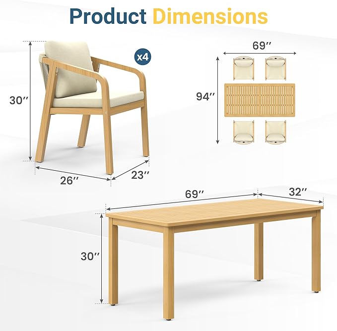 Wisteria Lane 5 Pieces Acacia Patio Dining Set for 4, Patio Dining Table and Chairs Set with Cushion, Modern Outdoor Dining Furniture Set for Lawn Backyard Garden Deck, Beige