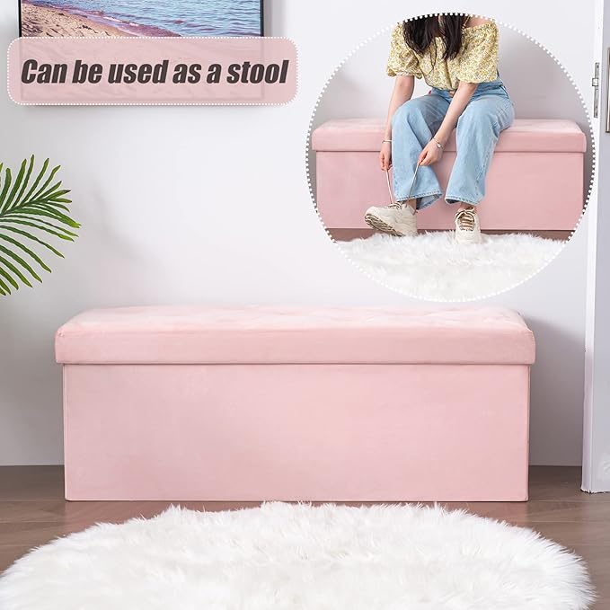 BRIAN & DANY 43 Inches Folding Storage Ottoman Bench, Velvet Ottoman with Storage for Living Room, Long Shoes Bench, Flannelette Footrest Benches Seat (Pink)