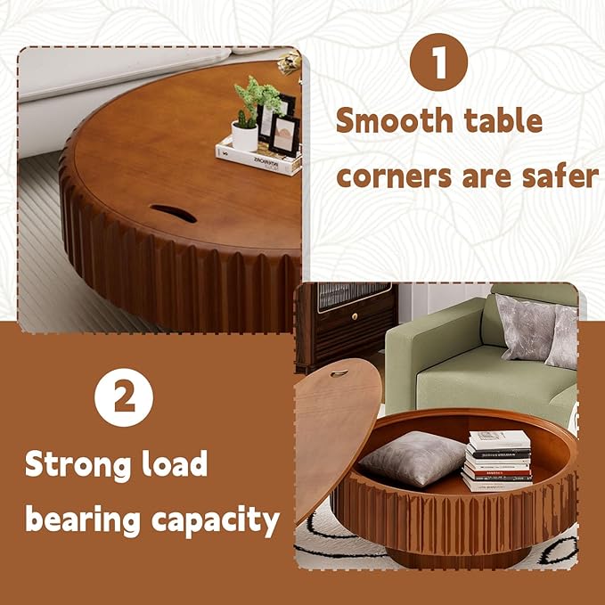 Round Drum Coffee Table with Storage Modern Coffee Table with Solid Wood Veneered Circle Center Table Accent Tea Table for Living Room Apartment Small Space (31.5in)