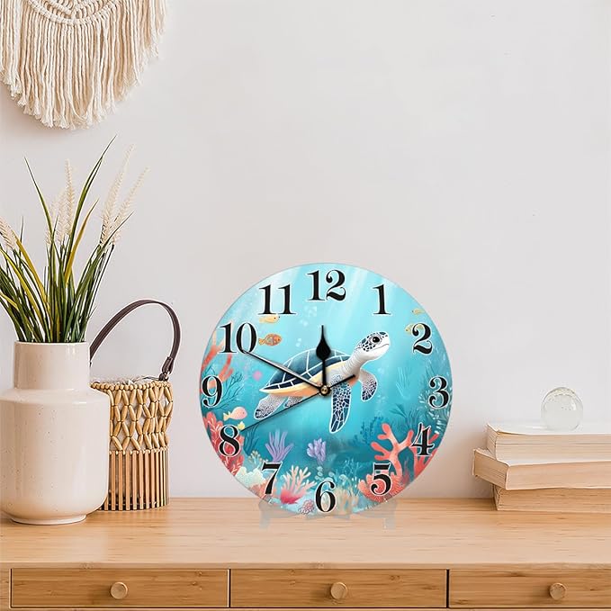 Cute Ocean Sea Turtle Wall Clock Battery Operated 10 in Round Wall Clocks Slilent Non Ticking Quartz Analog Clock for Bedroom Kids Living Room Classroom Decor