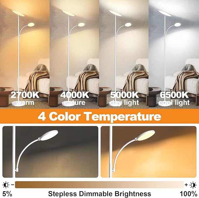 White Floor Lamps for Living Room, 44W/4500LM Super Bright 2 in 1 LED Floor Lamp with Remote, Stepless Dimmable, 69" Tall Standing Floor Lamp with Bendable Reading Light for Bedroom Office