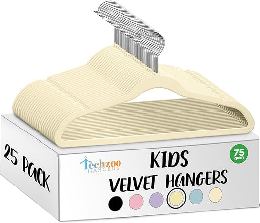25 Premium Kids Velvet Hangers - 14" Non-Slip Clothes Hangers for Kids & Preteens - Ultra Slim, Space-Saving, Strong & Durable Hangers with 360° Swivel Hook - Beige
