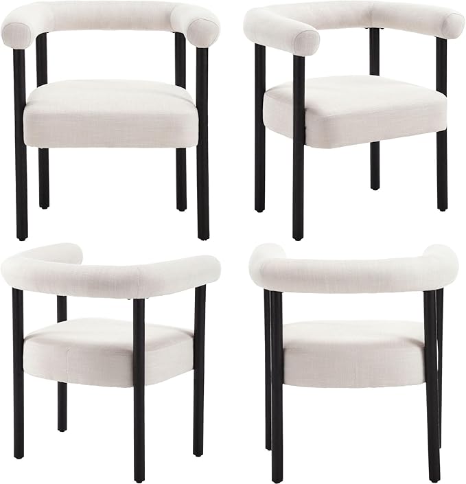 Mid-Century Modern Dining Chairs Set of 2, Armrest Barrel Dining Chairs Side Accent Chairs with Curved Back, Upholstered Wood Armchairs for Kitchen, Linen Beige