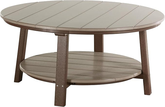 LuxCraft Deluxe Poly Round Outdoor Coffee Table, Two Tier Coffee Table, Round Conversation Tables for Outside Patio with Lower Shelf - Amish Made in USA (Weatherwood & Chestnut Brown)