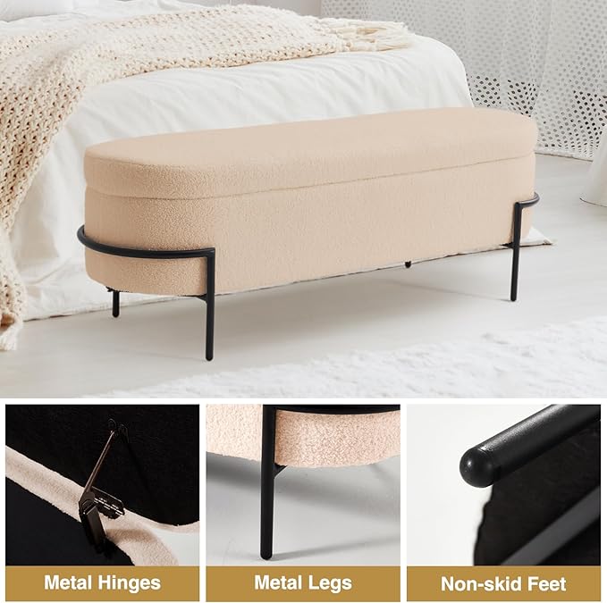 Sherpa Storage Ottoman Bench for Bedroom, Beige End of Bed Bench with Storage, Upholstered Boucle Storage Bench with Metal Stand and Hinges, Oval Ottoman for Living Room, 52 Inch