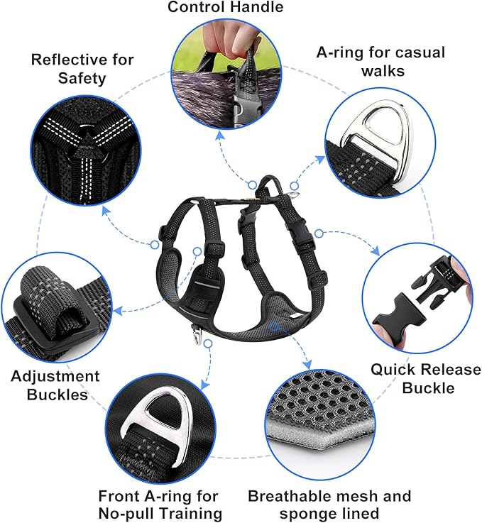 Plutus Pet No Pull Dog Harness, Reflective Adjustable Dog Vest Harness with Handle, Escape Proof, Soft Padded for Small Medium Large Dogs (Black, S)
