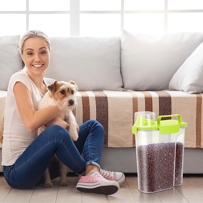 5-7Lbs Cat Dog Storage Container, Portable Pet Food Containers with Upgraded Large Spout and Cup, Small Animal Kibble Dispenser for Bird Seed, Oatmeal, Rice, Flour (2, Bright Green, 5L)