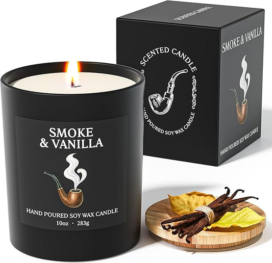 NORVENCE Candles for Men, Smoke ＆ Vanilla Scented Candle Gifts for Men and Women, 10oz Soy Candles with Bamboo Lid for Home Scented, Birthday Gifts for Men