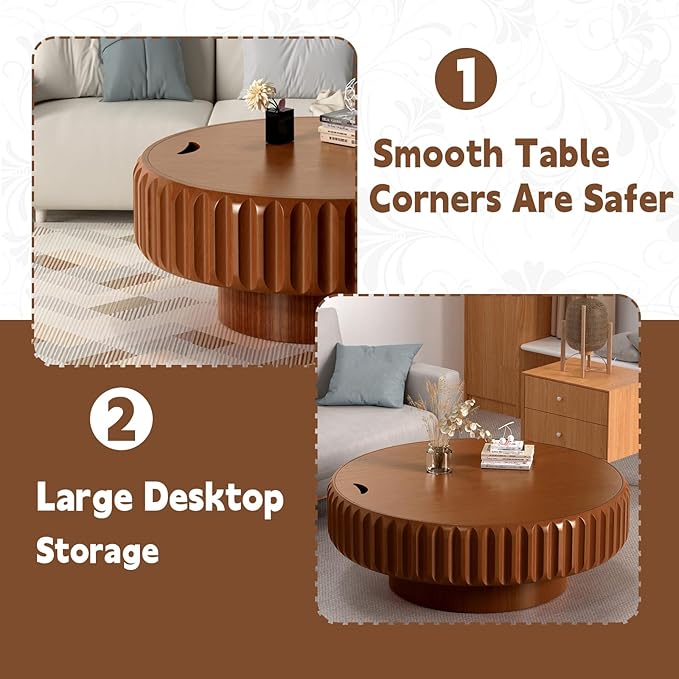 31.5" Drum Coffee Table with Storage Modern Unique Fluted Tea Table Contemporary Round Coffee Table with Fluted Center Table for Small Space Apartment(31.5in)