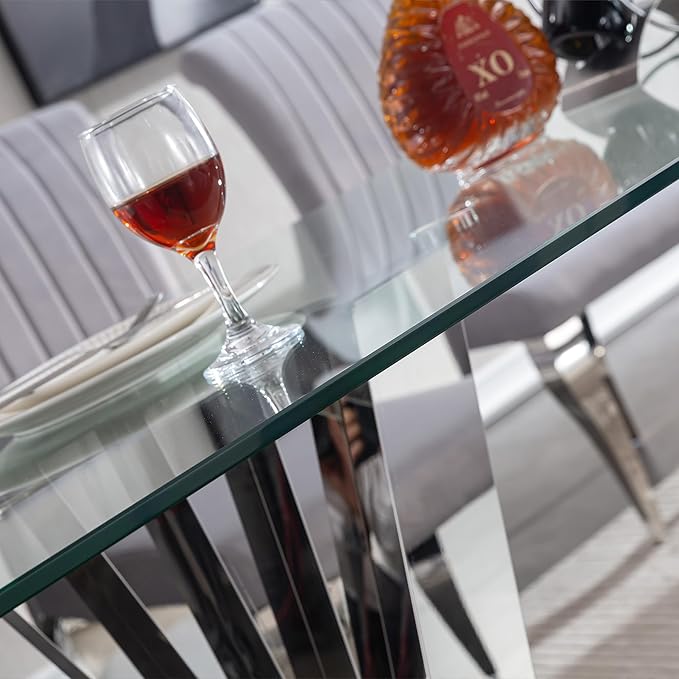 HomVent 70.08" Rectangular Clear Tempered Glass Dining Table,Stylish Design with Silver Stainless Steel Legs, Dining Table for Dining Room