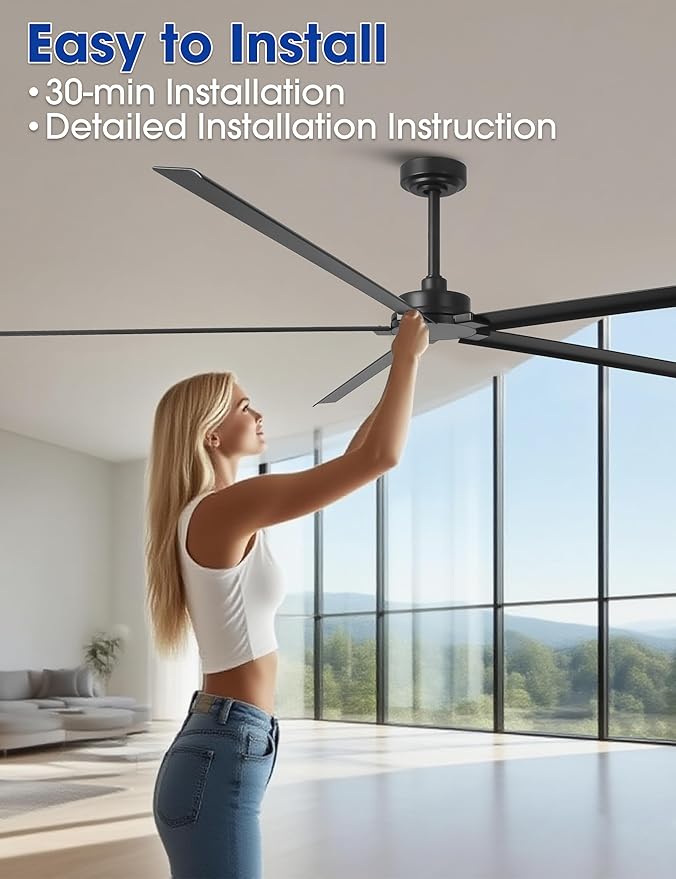 Ceiling Fans Outdoor Waterproof, 84 Inch Black Industrial Ceiling Fans without Lights, Large Ceiling Fan No Light with 5 Aluminum Blade, Reverse DC Motor, Outdoor Fans for Patio Shop Garage LivingRoom
