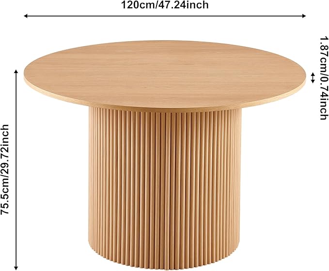 47" Round Dining Table for 4, Modern Farmhouse Wood Veneer Top with MDF Striped Base, Kitchen & Dining Room Tables - Oak Color