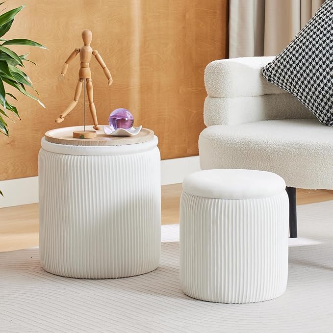Round Ottoman with Storage Set of 2-Upholstered Velvet Vanity Stool for MakeupMultifunctional Ottomans Coffee Table Padded Seat Foot Rest for Living Room&Bedroom(White-Upgrade Tray Lid)
