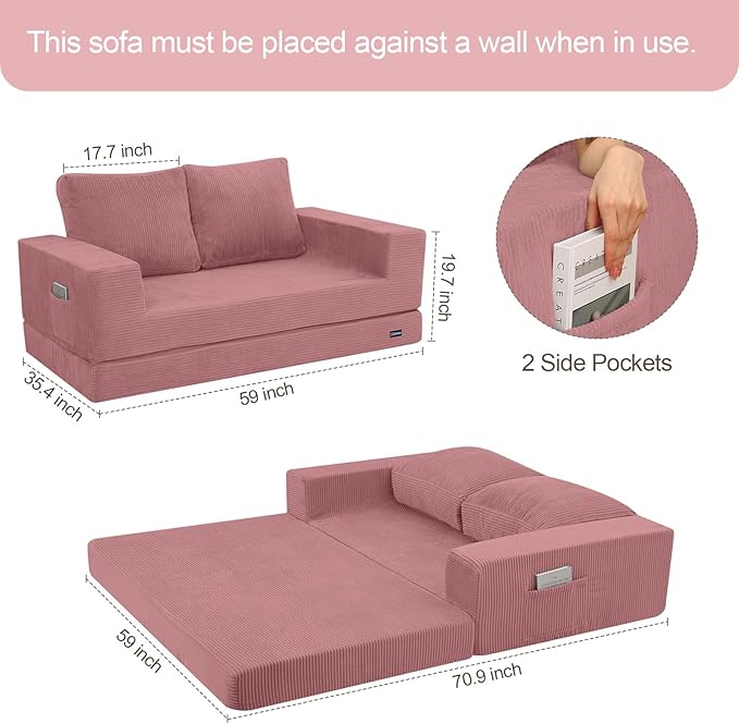 COMAX Convertible Sofa Bed Queen, Folding Fold Out Couch Bed, Floor Futon Couch Corduroy Sleeper Mattress with Back Pillows, Boneless Sofa Comfy Lounge Loveseat for Living Room Bedroom, Pink