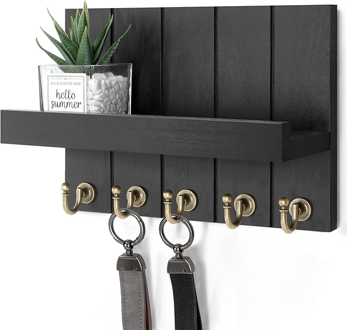 Rebee Vision Farmhouse Key Holder for Wall - Modern Key Racks for Wall Decor Living Room and Mail Organizer with Shelf for Apartment Essentials - Home Decor Aesthetic (Black, 3.54"D x 10"W x 7.28"H)