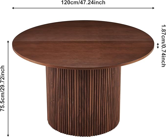 47" Round Dining Table for 4, Modern Farmhouse Wood Veneer Top with MDF Striped Base, Kitchen & Dining Room Tables - Walnut Color