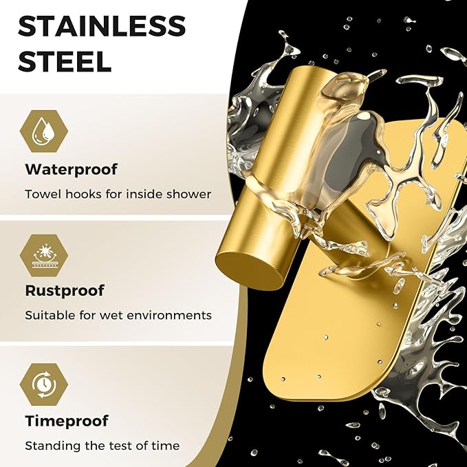 Adhesive Towel Hooks for Shower,Waterproof Heavy Duty Bathroom Hooks,Wall Mounted Sticky Hangers for Coats/Aprons/Robes,No Drilling(Gold,2 Pack)