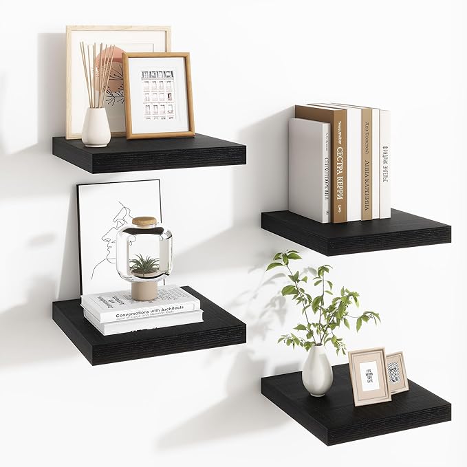 Fun Memories Floating Shelves for Wall - 9.3 Inch Square Shelves with Invisible Brackets, Black Small Wall Shelf for Living Room, Bathroom, Bedroom, and Kitchen Decor，Set of 4