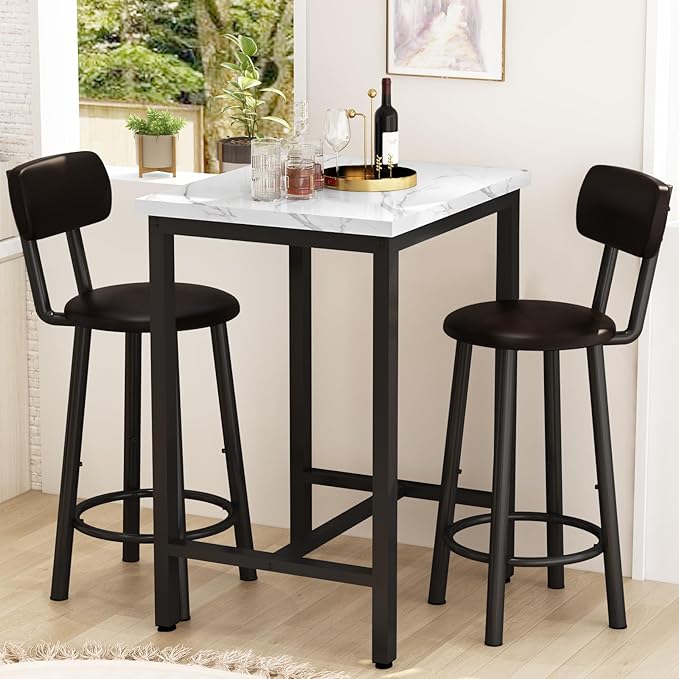 DKLGG Dining Table Set for 2, 24" Square Kitchen Table and Chairs Set with MDF Tabletop & 2 PU Leather Chairs, Bar Pub Dining Set for Small Space Bar Kitchen Living Room Apartment, White