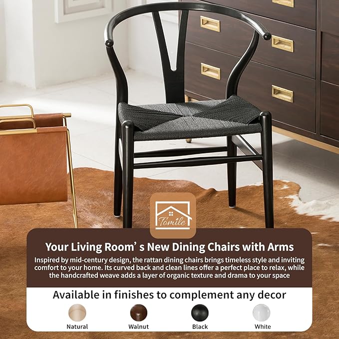 Tomile Wishbone Chair Y Chair, Wooden Dining Chairs Set of 4, Mid Century Modern Chairs with Arms, Solid Wood Weave Seat Kitchen & Dining Room Chairs (Ash Wood - Black)