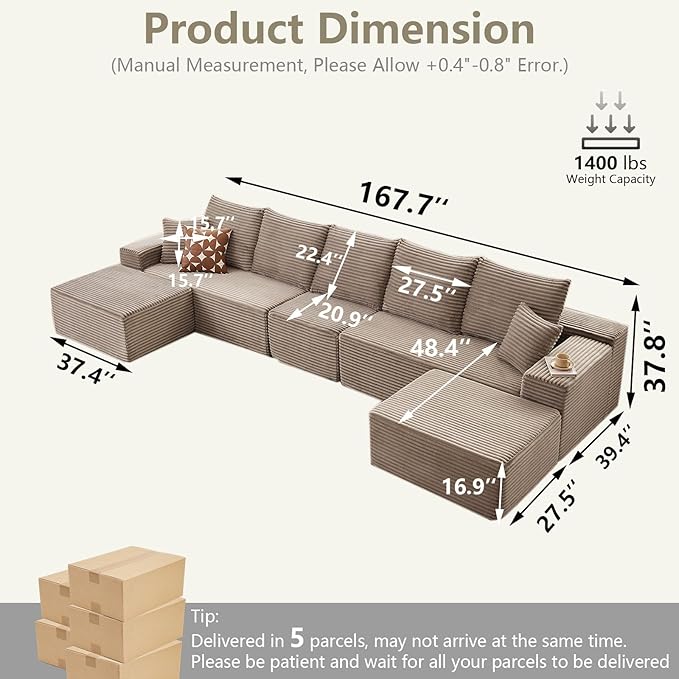 167.7" Sectional Cloud Couch for Living Room, Stupendous U Shaped Sofas, Modular Floor Deep-Seat Sofa, Big Comfy Corduroy Couches Set with Fluffy Memory Foam, No Assembly Required, Camel