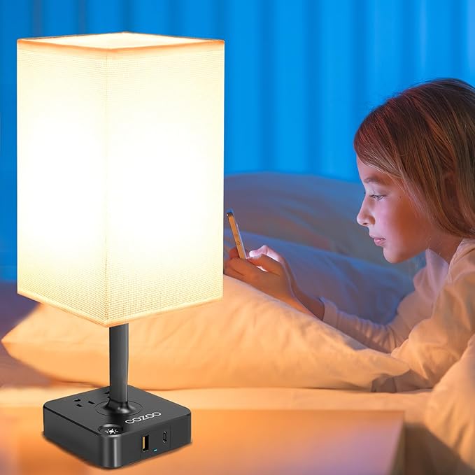cozoo Bedside Table Lamp with 3 Levels Brightness,Dimmable Table Lamp with USB C+A Charging Ports,2 AC Outlets,Nightstand Lamp White Shade,Touch Bedroom Lamp for Living Read Work