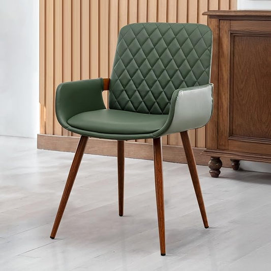 LUNLING Mid Century Modern Faux Leather Dining Room Chairs,Upholstered Seat Metal Legs Chairs Green Faux Leather Kitchen Chair Reception Room Chair 1PCS