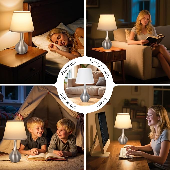 Seealle Touch Table Lamps for Nightstand, 3-Way Dimmable Small Bedroom Lamps for Night Stands, Silver Bedside Lamps for Living Room, Kids Room, End Table(LED Bulb Included)