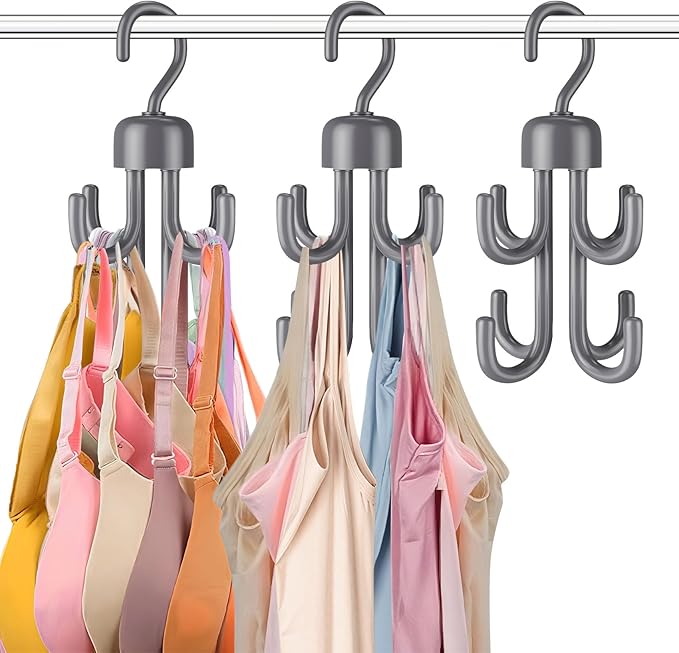 3Pcs Tank Top Hanger, Rotatable Bra Hangers for Closet Organizer, Max 72 Storage Capacity Belt Hanger, Plastic Space Saving Closet Organizers Apartment Dorm Essentials for Bra (3, Grey)