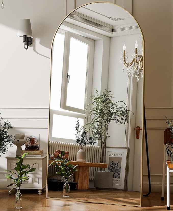 GLSLAND-34x76 inch Wall Mount Arched Full Length Mirror-Aluminum Alloy Frame High Definition-Full Body Mirror for Bedroom or Living Room,Gold