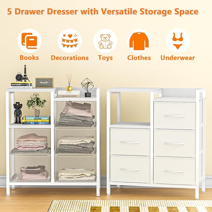 Furnulem 5 Drawer White Dressers for Bedroom 2 Tier Shelf Storage Small Fabric Dresser for Closet Sturdy Metal Frame Modern Style Storage Cabinets Organization Units for Hallway Rooms