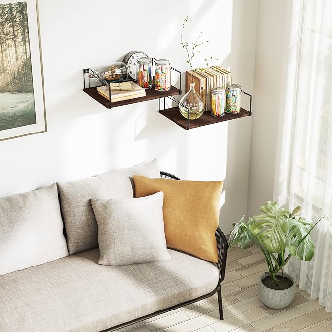 SRIWATANA Wide Floating Shelves, Rustic Wood Wall Shelves Set of 2, Wall Mounted Shelves with Large Capacity for Many Rooms Decor, Dark Walnut