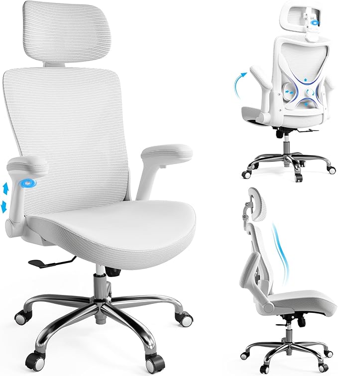 Office Home Ergonomic Desk Chair-Computer X-Shaped Chair Mesh PU Leather with Adjustable Lumbar Support-Executive Chair High Back with Headrest Flip-Up Arms for Long Hours (White)